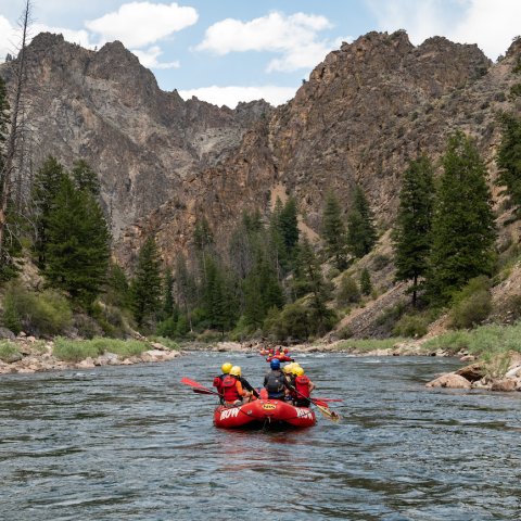 Red raft floating down the Middle Fork Salmon River