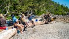 Group of sea kayakers stop for lunch on a rocky beach off the coast of Vancouver Island