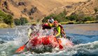 red raft on the deschutes river in oregon